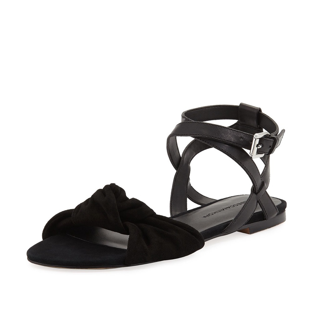 REBECCA MINKOFF Women's Evette Suede Flat Bow Sandal, Black Size 6.5